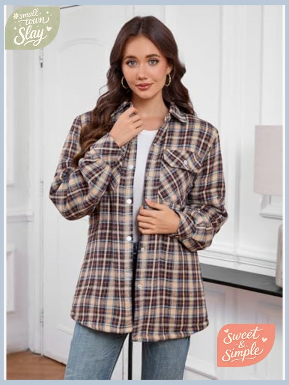 Fleece Lined Flannel Button Down Shirt Jacket Cotton Plaid Sherpa - Picture 4 of 7